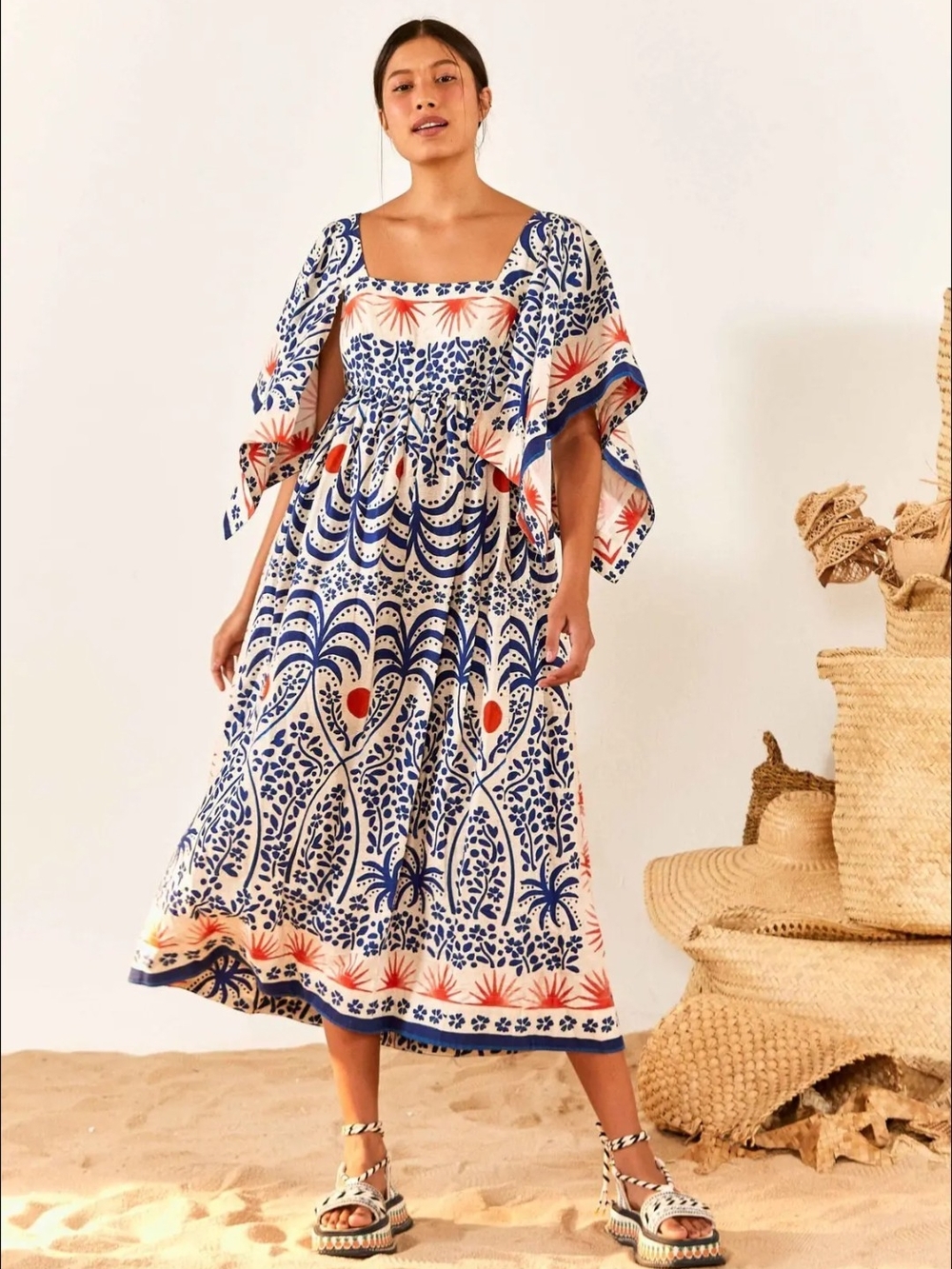 Farm Rio Blue Orange Square Neck Kimono Sleeve Afternoon Breeze Midi Dress SM